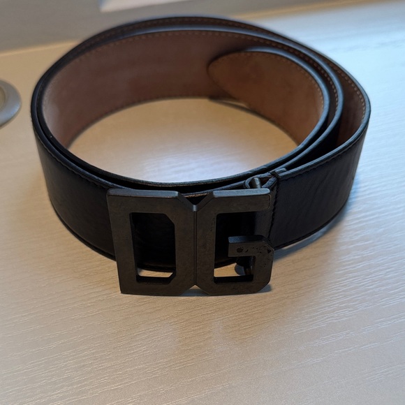 Dolce and Gabanna Black Leather Belt with DG Matte Black Buckle